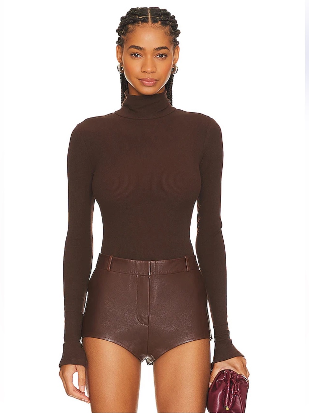WeWoreWhat Turtle Neck Bodysuit Umber Brown Ribbed Mockneck S